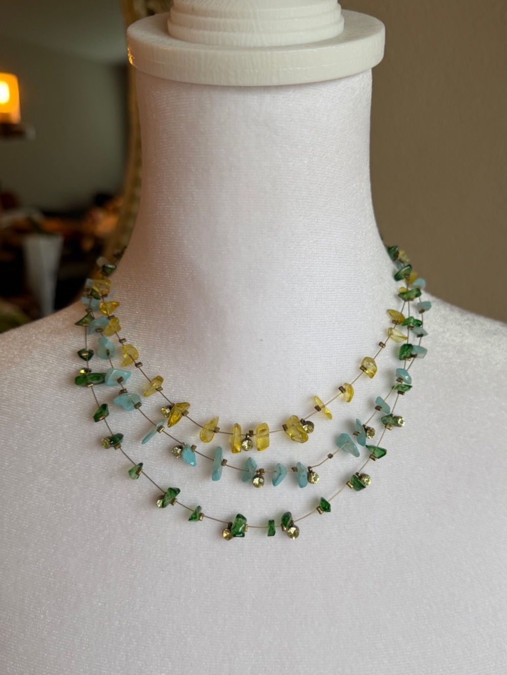 Vintage Layered Green, Yellow & blue Beaded Necklace